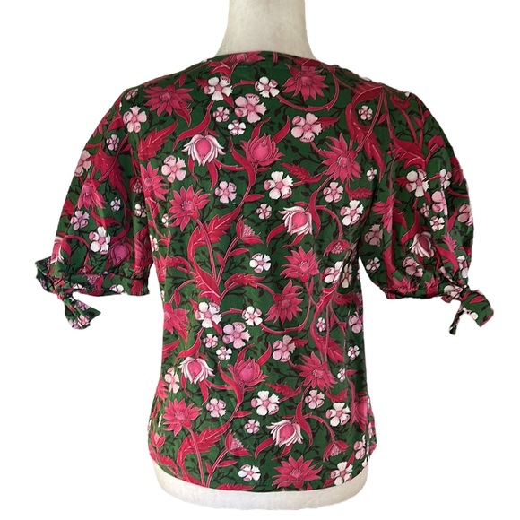 Zara Pink & Green Floral Cotton Bow Tie Puff Short Sleeve Cropped Top - M - Picture 9 of 15
